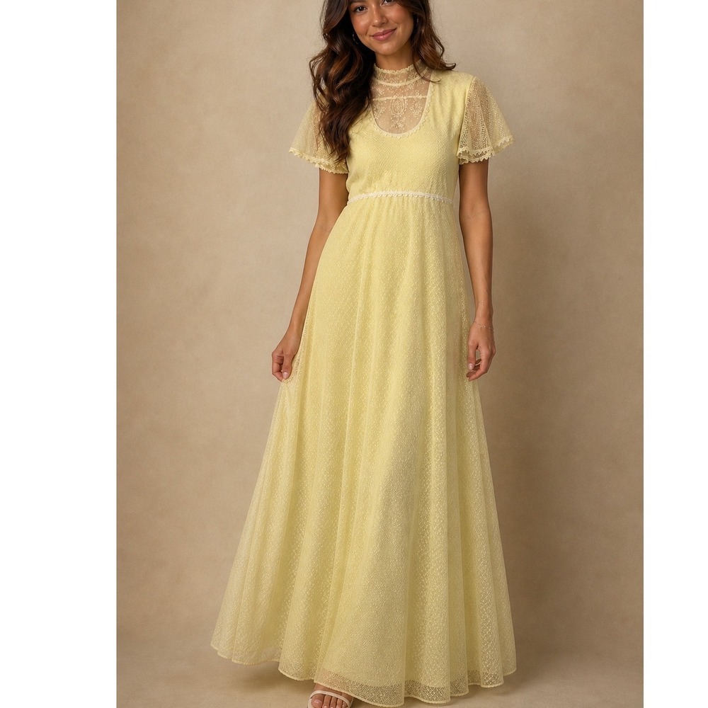 Vintage 70s Yellow Swiss Dot Lace Maxi Dress Empire‎ Waist Cottagecore Prom s1
